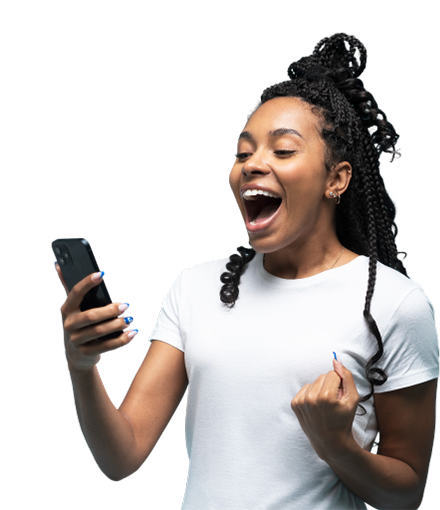 Excited woman celebrating while looking at smartphone, symbolizing effective communication and connectivity solutions for businesses.