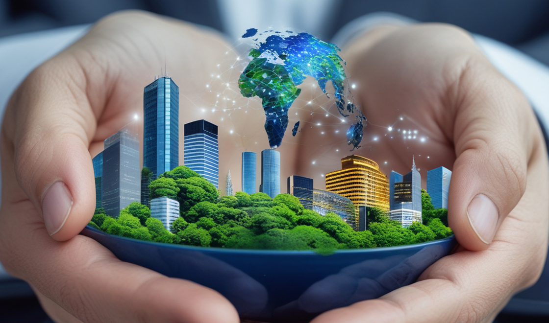 Hands holding a globe with a city skyline and greenery, symbolizing connectivity and sustainability in business solutions for GBIS Communications.