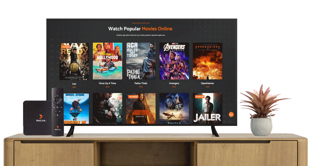 Animated GIF showcasing a television displaying popular movies online, featuring titles like "Avengers," "Oppenheimer," and "Once Upon a Time," alongside a NetLink streaming device and a decorative plant, emphasizing GBIS Communications' live streaming OTT services.