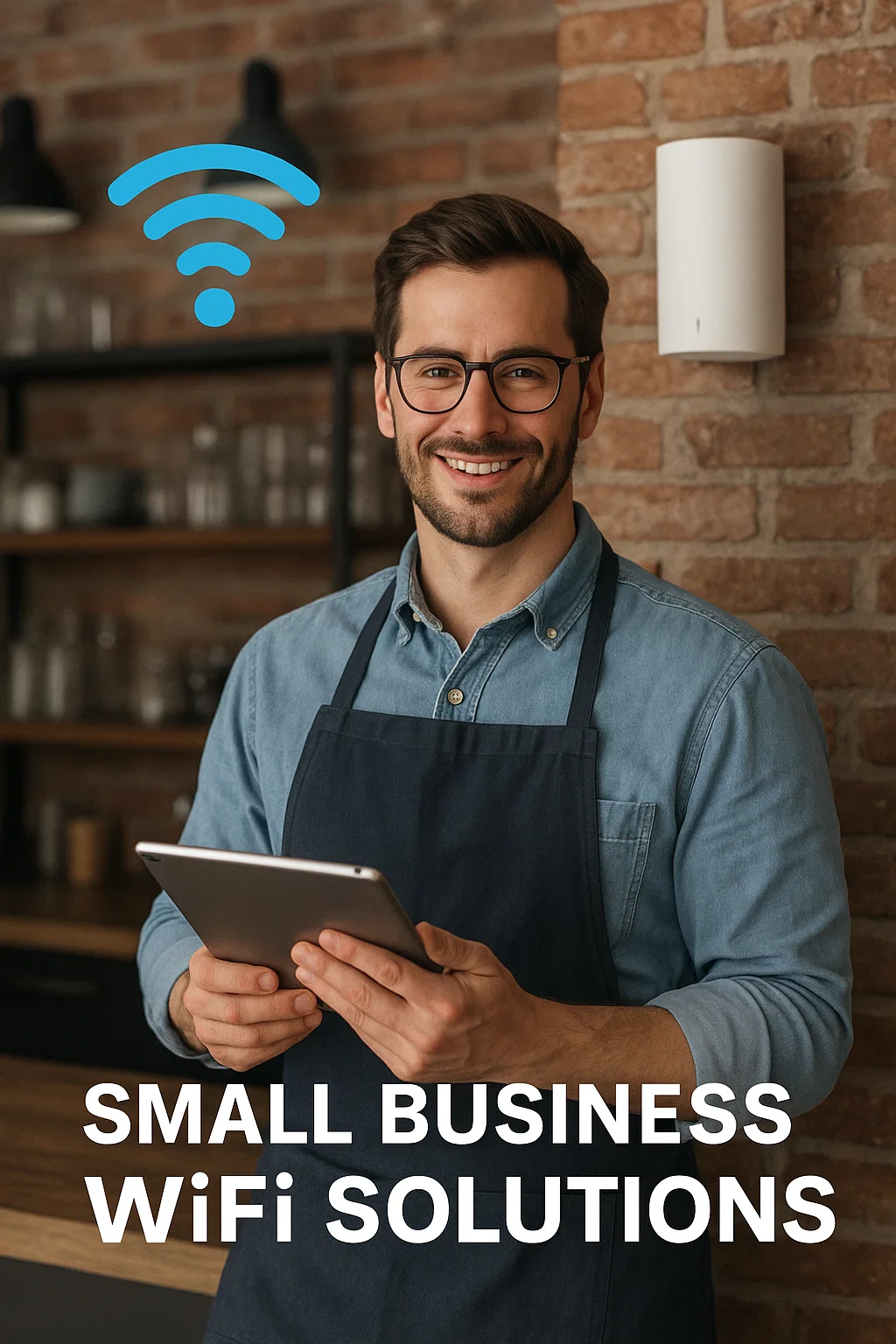 Man in an apron holding a tablet, smiling, with a WiFi symbol above, representing small business WiFi solutions for connectivity.