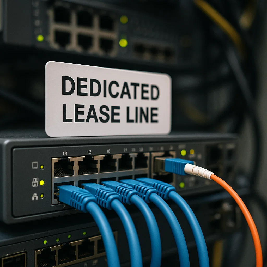 Dedicated lease line network equipment with blue and orange cables connected, emphasizing GBIS Communications' business connectivity solutions.
